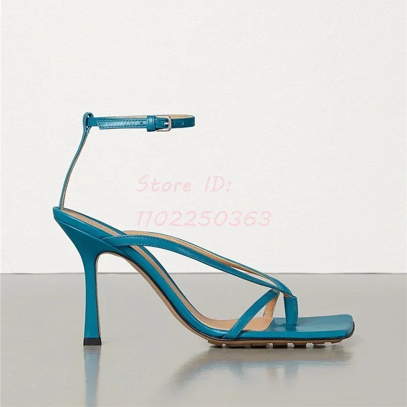 Blue Flip-Flops Thin High Heel Sandals Solid Square Open Toe Back Buckle Strap Stilettos Sandals Fashion Lady Shoes 2024 Pumps image 3