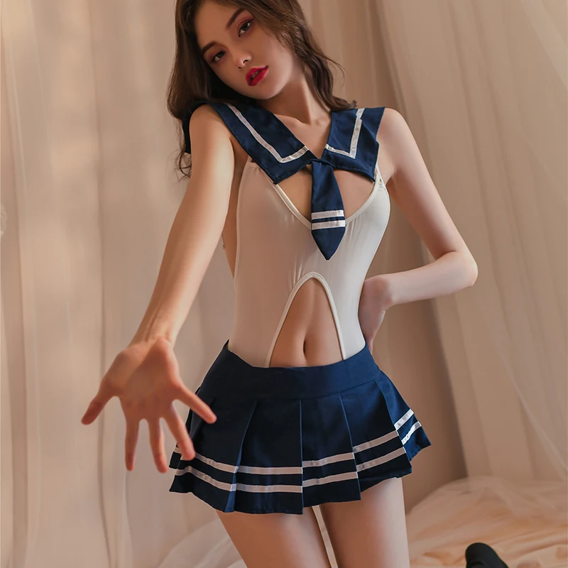 Sexy uczennice Cosplay Uniform kobiety erotyczne Sexy komplet bielizny Babydoll kombinezon bez pleców spódnica przezroczysta egzotyczna bielizna