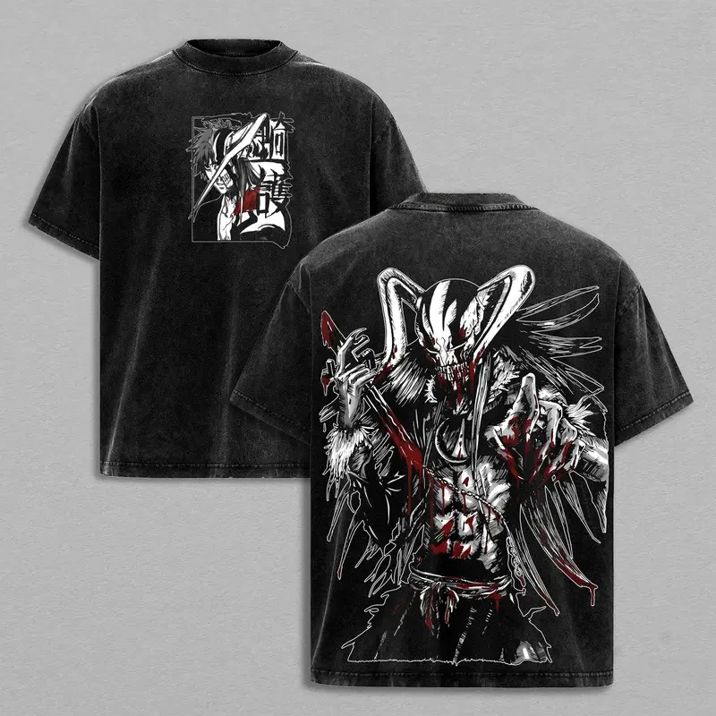 Vintage Washed Kurosaki Ichigo Print T-shirt Anime BLEACH Clothing Unisex Cotton Tshirts T Shirt Casual Fashion Male Loose Tops