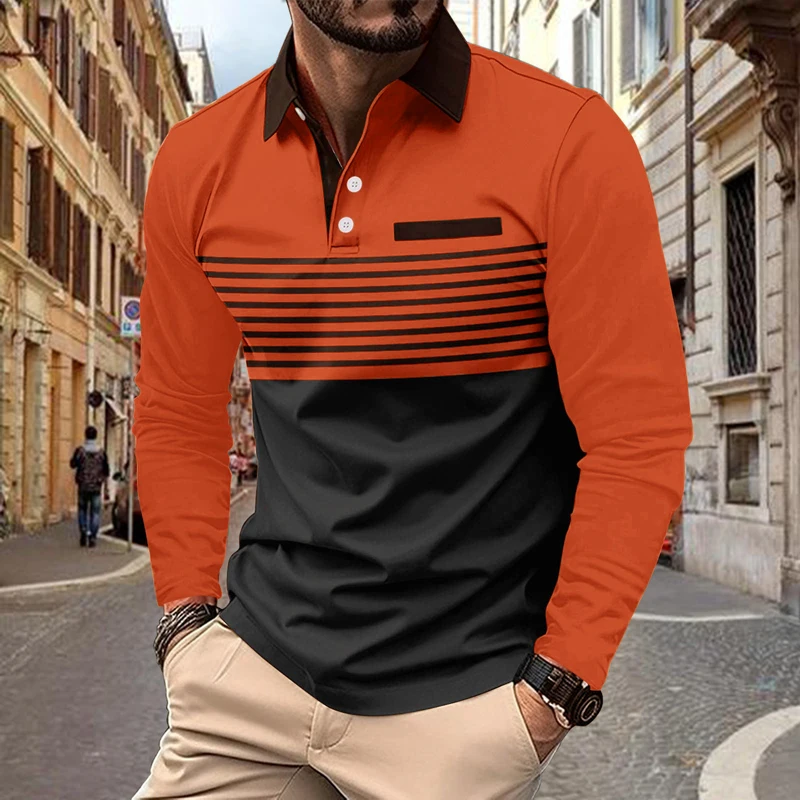 Spring Autumn Men Long Sleeve 3D Digital Print Sport Polo Shirt 100% Polyester Breathable Business Casual Turn-down Collar Tops