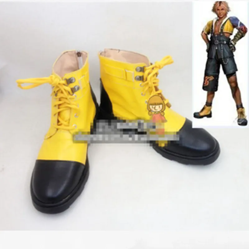 

FF10 FINAL FANTASY X FFX Tidus Cosplay Costume Shoes Handmade Faux Leather Boots Yellow Black Shoes
