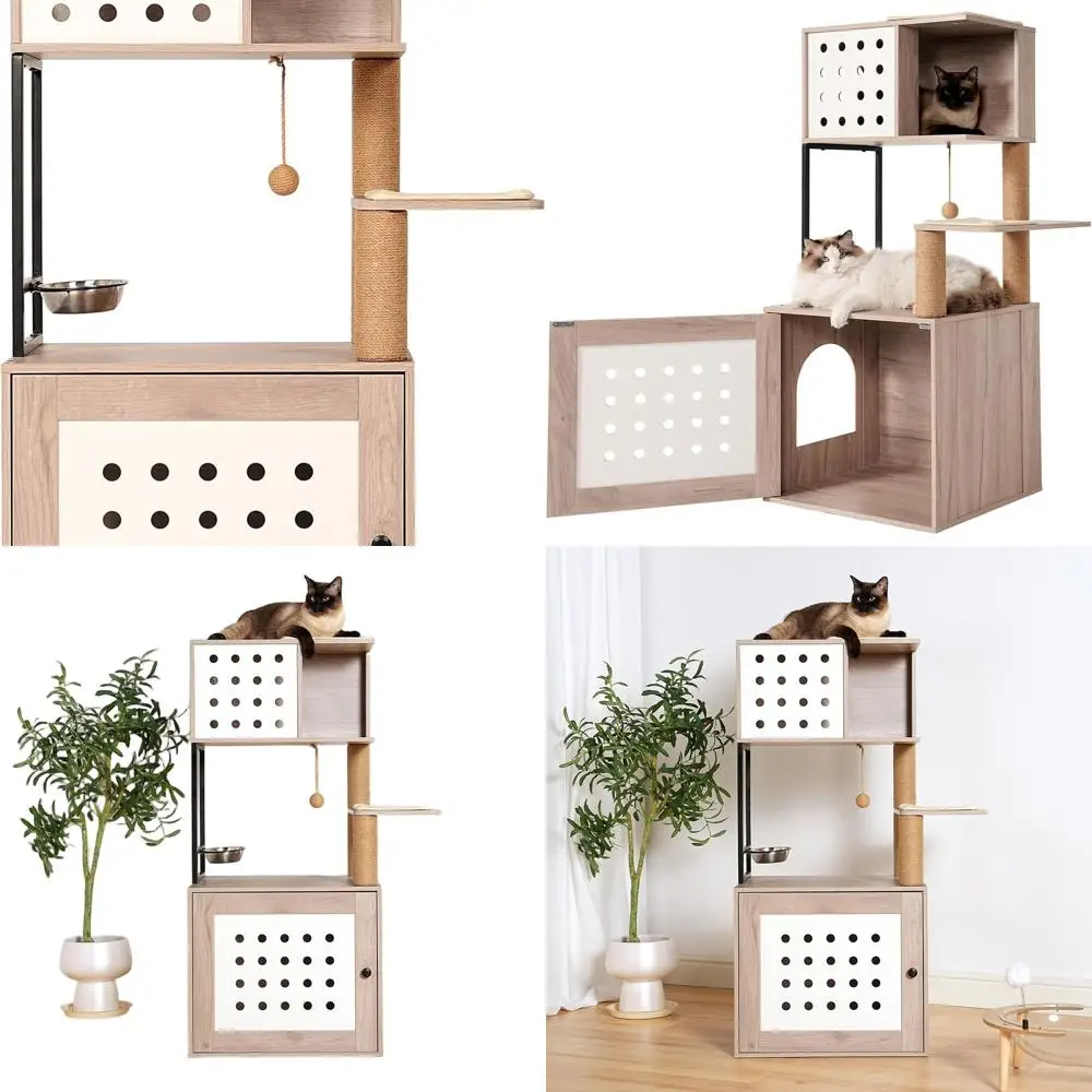 

Компактный многоуровневый кошачий дерево-конструктор для дома с лотком, стойками для когтеточков, лежанкой и кормушкой