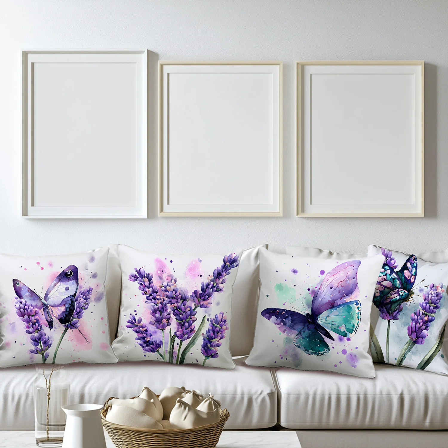 Watercolor Butterfly Lavender Floral Pillowcase Cover Set 4PCS 40x40cm Cottagecore Bohemian Nature Home Decor Cushion Accent