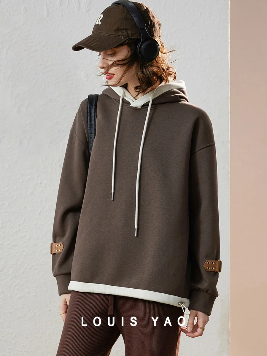 LOUIS YAO 2024 Winter Thick Velvet Hoodie Casual Color Contrast White Edge Sleeve Loop Decoration Long Sleeve Women's Hoodie