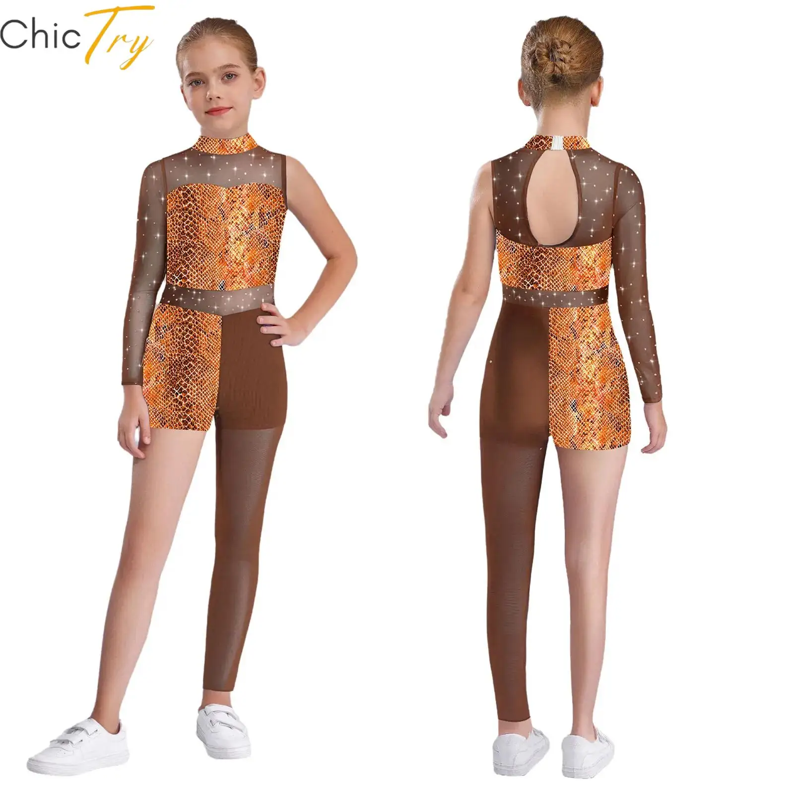 

Гимнастический комбинезон с принтом, детский спортивный купальник для девочек, стразы, прозрачная сетка, асимметричное боди, звездный дизайн, брюки на одну ногу