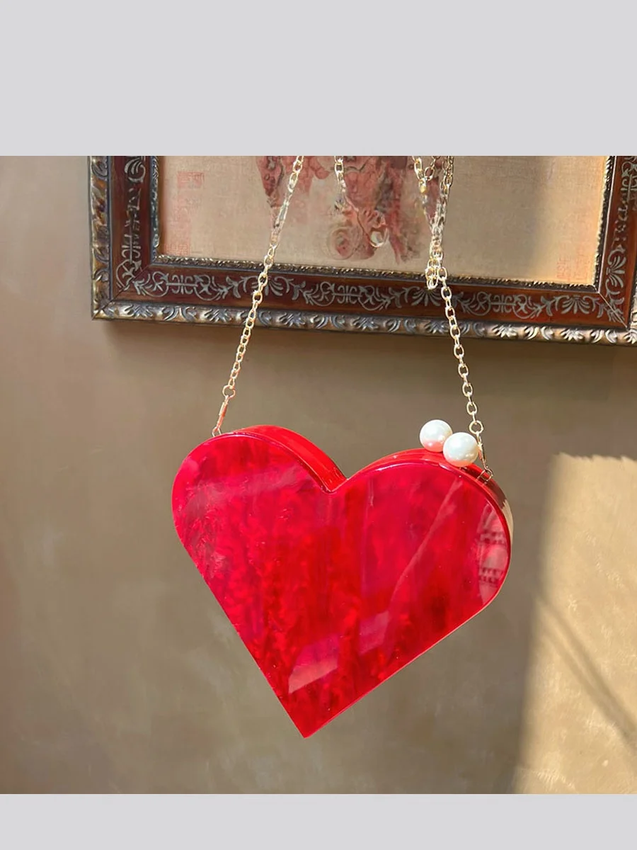 Women Shoulder Bags Hot Handbag Purses Unique Designer Acrylic Clutch Fashion Cute Red Heart Shape Pearl Chain Party Evening bag