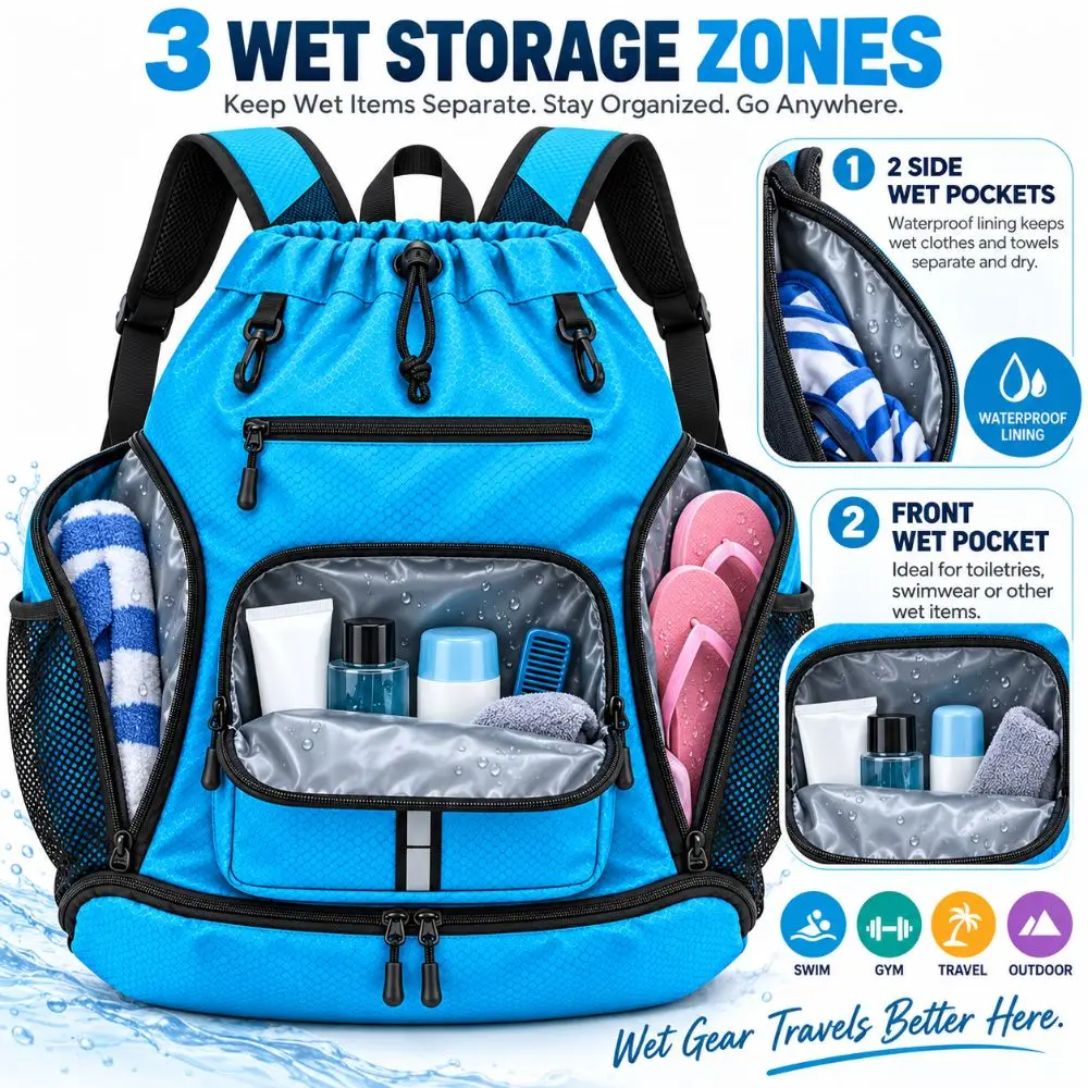 Water Resistant Beach Backpack Wet-Proof Pockets Detachable Mesh Bag Drawstring Sports Pack Shoe Compartment Adjustable Straps