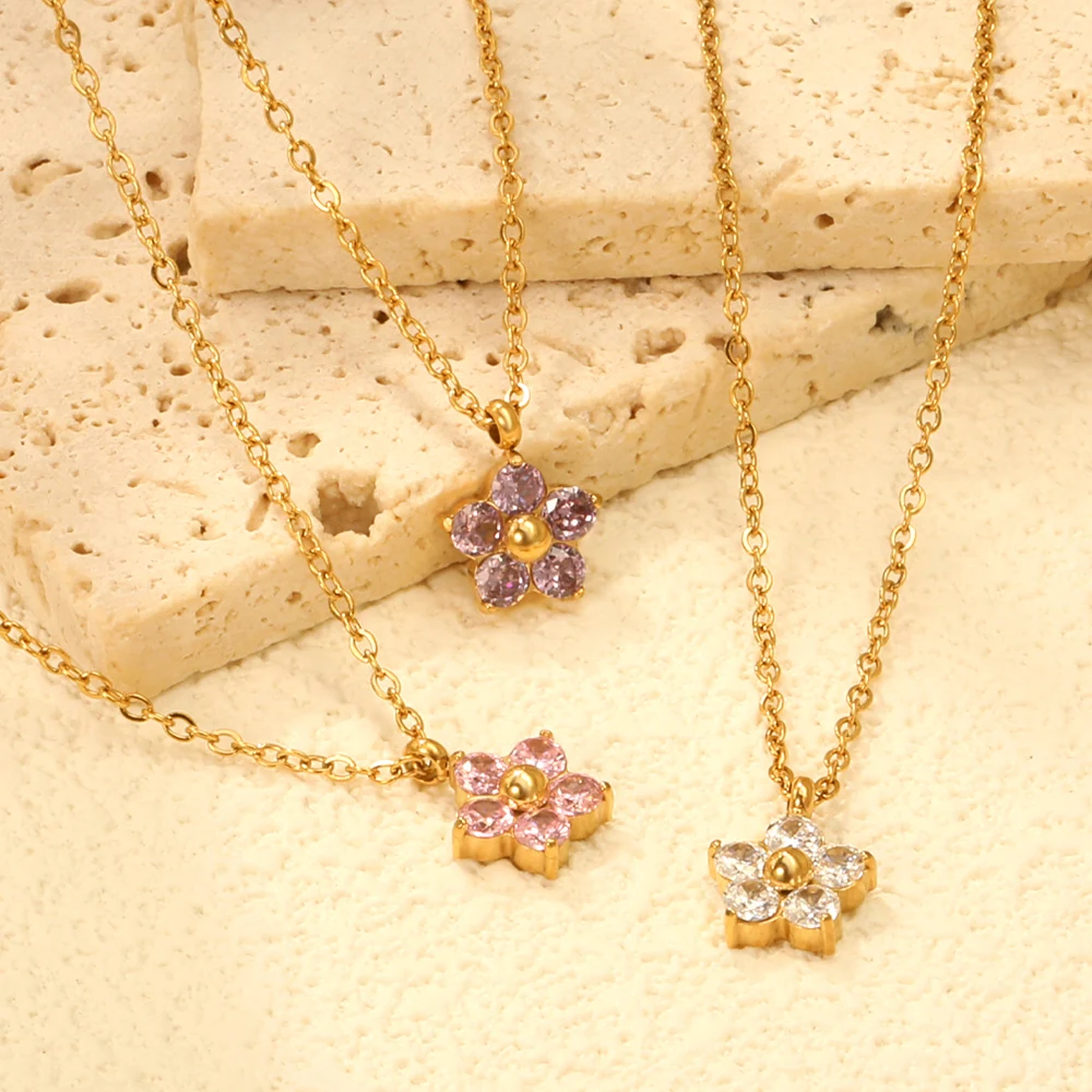 

Gold Color Stainless Steel Clavicle Collier Bright Five-petaled Flower Zircon Pendant Necklaces Bracelets For Lady Girl Jewelry