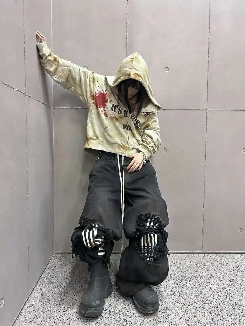 

2026 New Y2K Striped Ripped Baggy Jeans for Men Women Harajuku Hip Hop Wide Leg Pants Korean Fashion Couple Casual Trousers