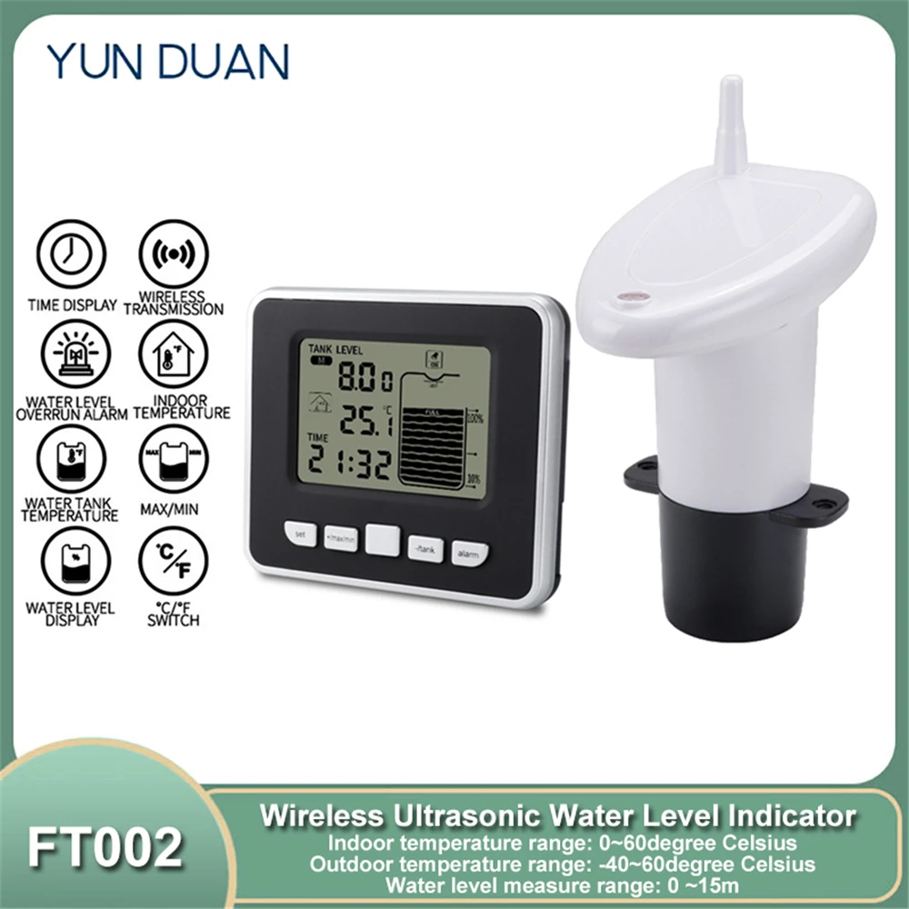 

Wireless Ultrasonic Water Level Indicator Gauge Water Tank Sensor Liquid Level Sensor Temperature Meter Wireless Depth Gauge