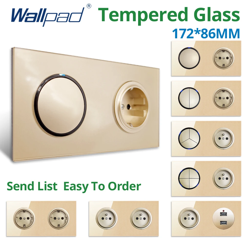 Wallpad Gold Double Glass Panel Wall 1 2 3 4 Gang Switch and USB EU UK Electric Socket Outlet Round Button 172*86mm