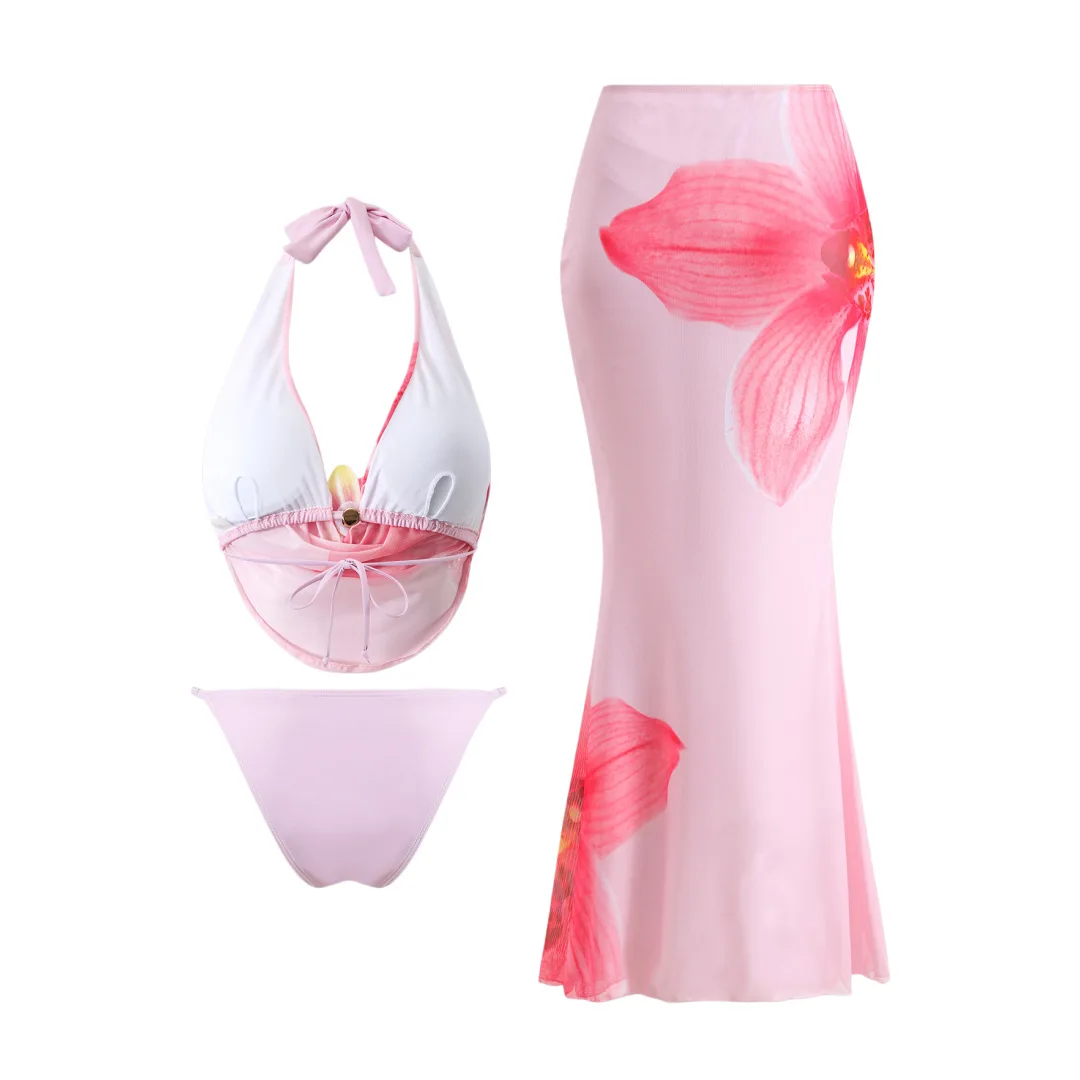 Women's Three-piece Swimsuit Set Sun Protection Swimwear Printed Mesh Dress-Style Cover-Up
