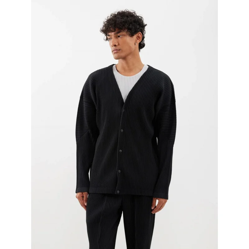 Miyake Pleated Men Jacket V Neck Cardigan Collarless Single Breasted Coat Japanese Style Casual Loose Fit Streetwear Outerwear