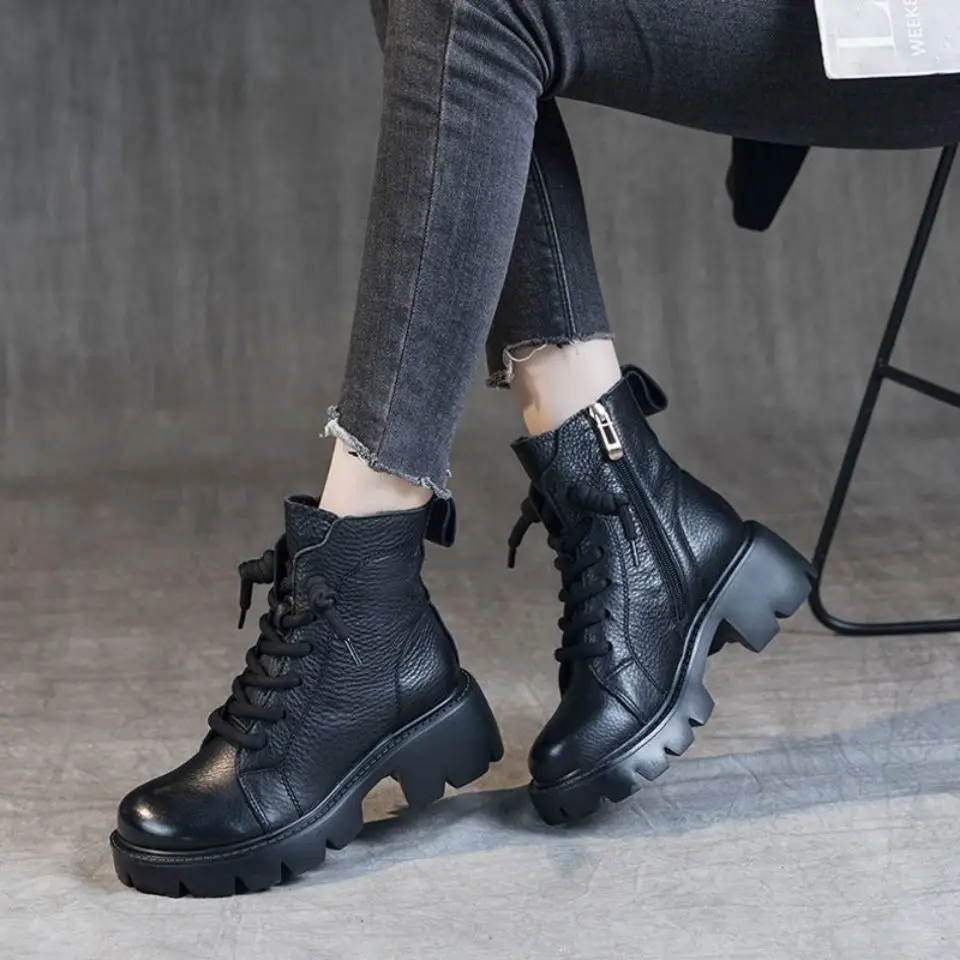 Botki Chunky Footwear Platform Fur Short Shoes for Women Biker Female Ankle Boots Combat Punk Style Trend 2024 Spring Fashion