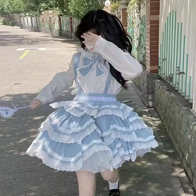 2022 Patchwork Kawaii Overalls Kleid Süße Abnehmbare Strap Drei-Teil Lolita Rock Nettes Mädchen Cosplay Kostüm Loli Kleider