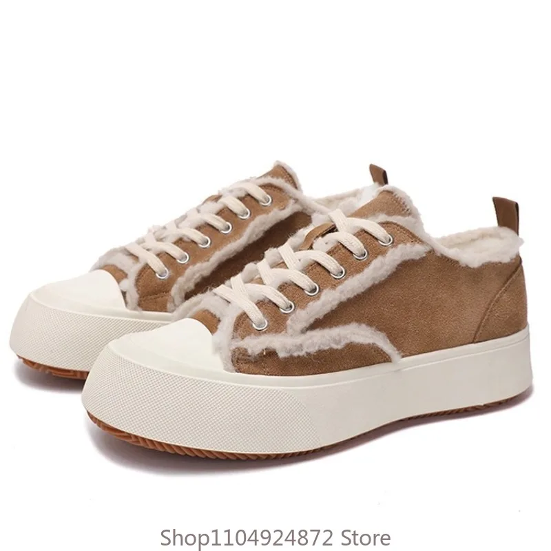 

Winter Sheepskin Wool Snow Sport Shoes Men Sneakers Casual Genuine Leather Thick Sole Low Top Warm Cotton Shoes Male Brown
