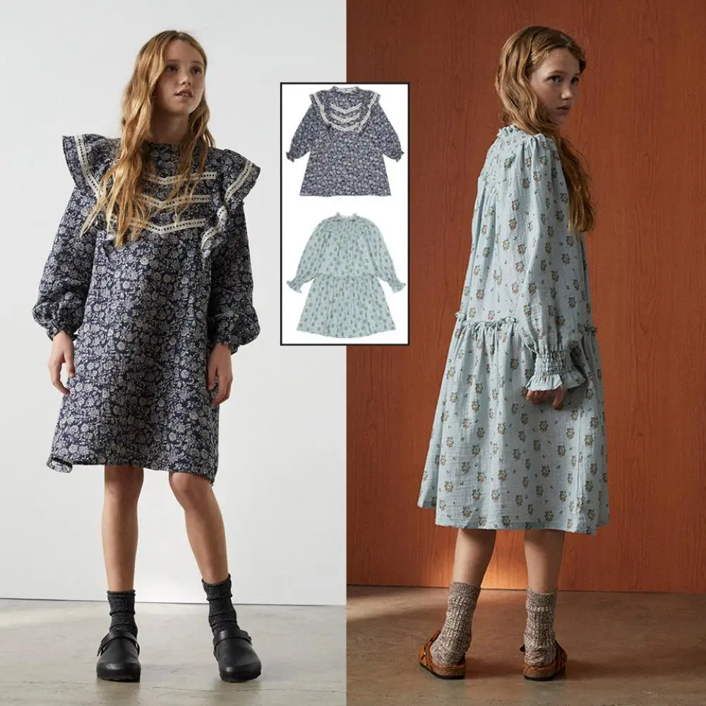 

2024 Vintage Girl Floral Dresses Printed Lace Children Dress Long Sleeves Girls Spring Autumn A-line Frock Leisure Teen Vestidos