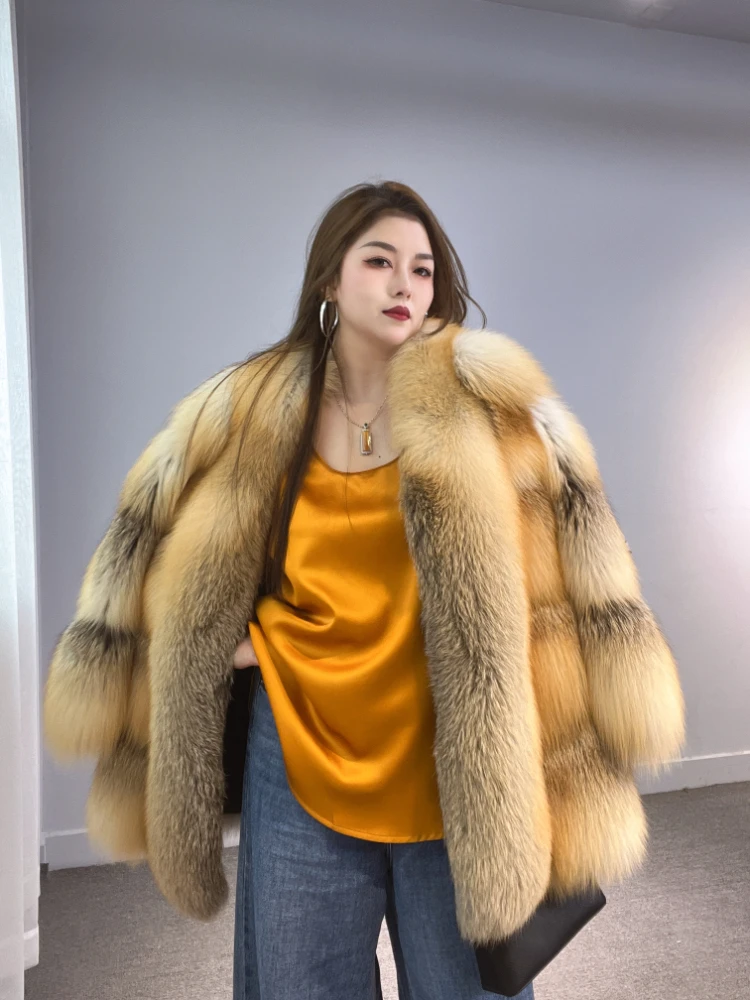 2023 New Style  Luxury Winter Natural Fox Fur Coats  for Women Fancy Fasion Kpop Gril\'s Snow Real Thick Gold Island Fox Jacket