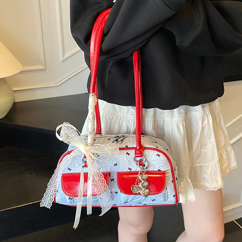 

Richme Luxury Handbags Women 2025 Wrinkled Ladies Bowling Underarm Shoulder Bags All Match Elegant Lace Ribbon Bow Bolso Mujer