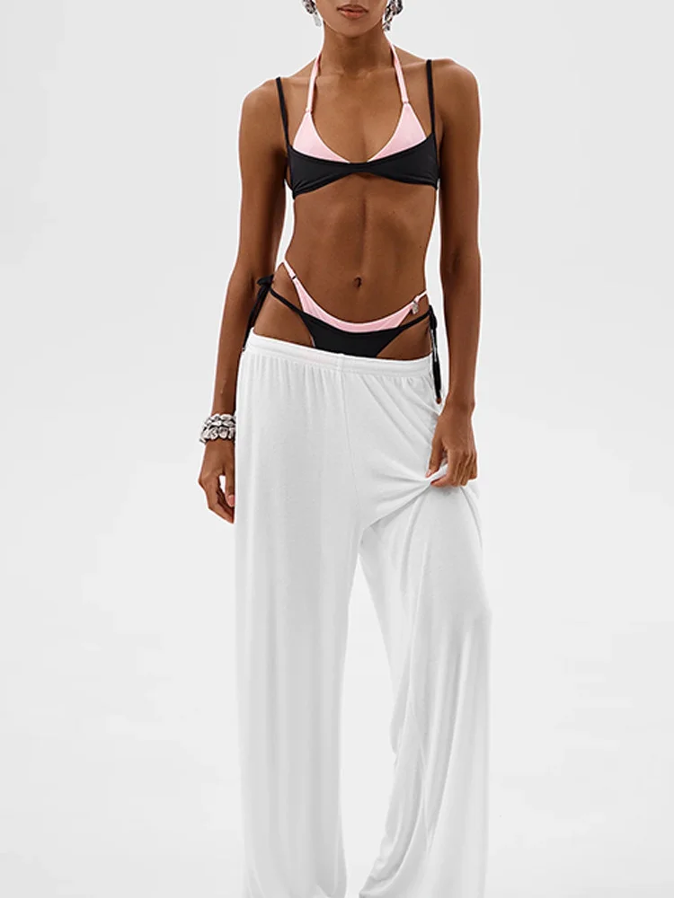 

2026 summer black and pink bikini set with backless collar, double straps, triangle top, lace up side two-piece swimsuit
