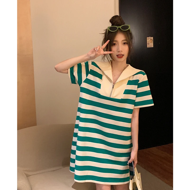 

Summer Casual Striped Loose Fit Short Sleeve Doll Collar Dress for plus Size Women High Waist A-Line Skirt Korean Style