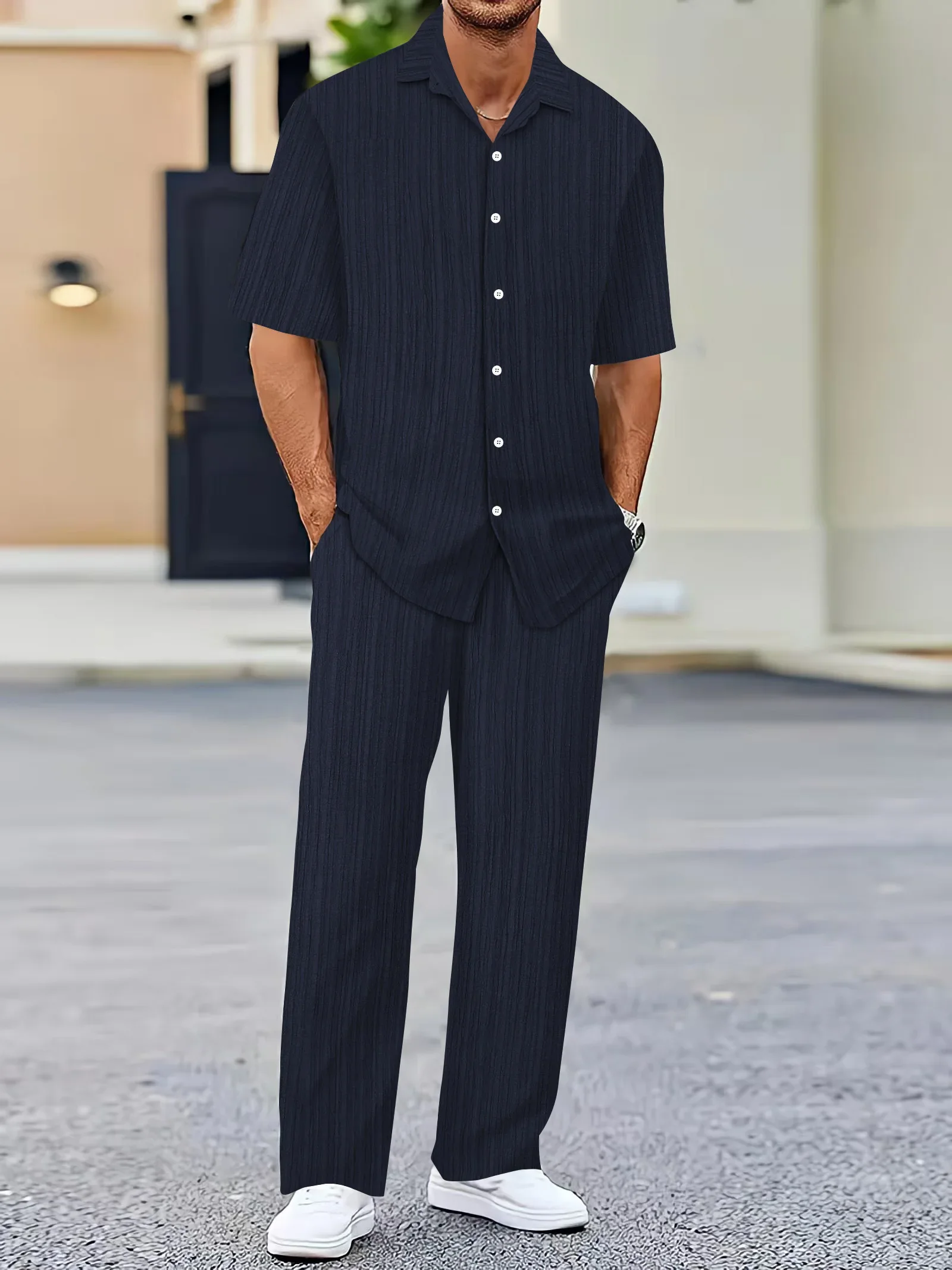 Shirt set for European and American men, plain color, vertical band, lapels, short sleeves, casual pants, daily beach 2025