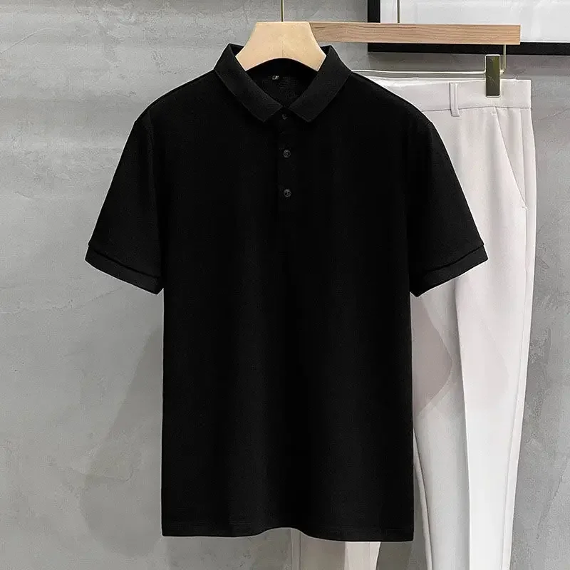 

Black Mens With Collar T-shirt Vintage Luxury Elegant Polyester Ordinary Party Top Casual Tee Elastic Smooth Xl Male Polo Shirts