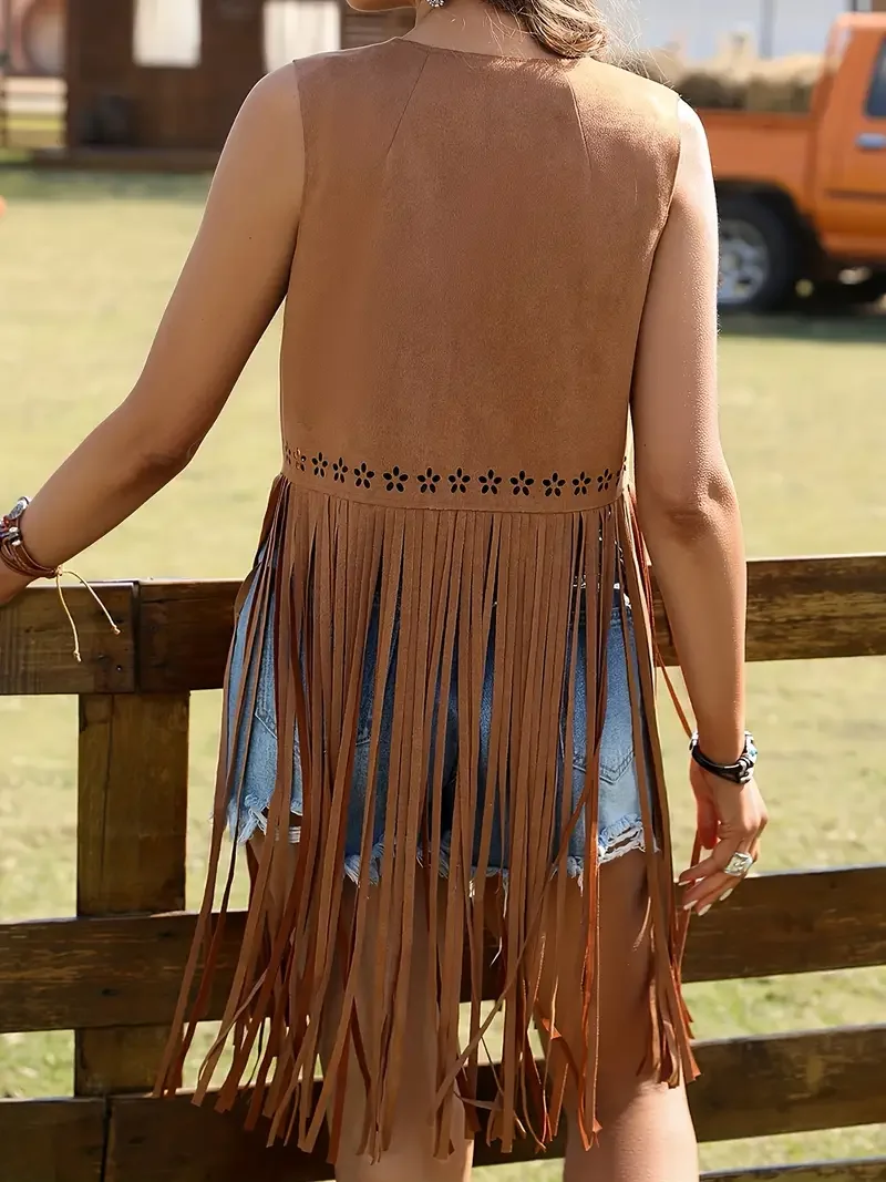 Summer Casual Cowgirl Fringe Hem Faux Suede Vest Jacket for Women