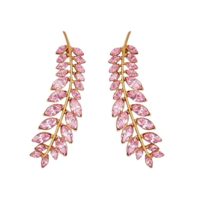 Os Vintage Leaf Feather Crystal Long Drop Stud Earrings, Unique Fashion Statement Ear Jewelry Gift for Women