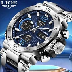 LIGE Men Military Watches Fashion Big Dial Sport Watch LED Digital Waterproof Watch Men Casual Dual Display Clock Montre Homme