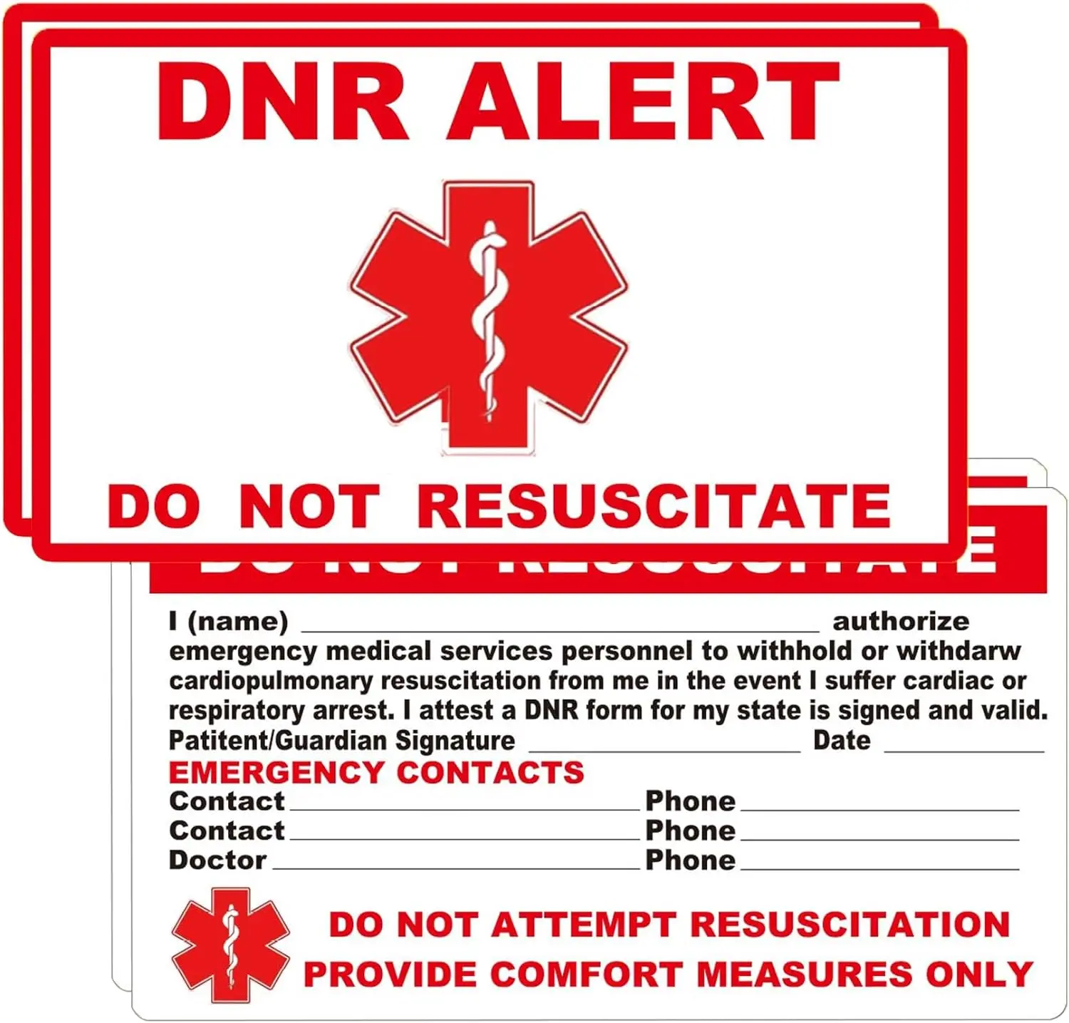 3.5*2inch DNR Do Not Resuscitate Medical Card Alert Wallet Emergency Card DNR Medical Alert Cards Emergency Contact Card 2pcs