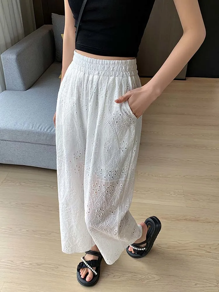 Summer New Solid Color Hollow Out High Waist Women\'s Pants Long Fashion White Black Vintage Slim Straight Wide Leg Troussers