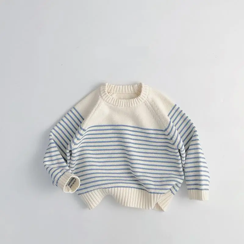 

2025 Spring New Children Long Sleeve Striped Sweater Cotton Boys Girls Loose Knitted Pullover Baby Casual Sweater Kids Clothes
