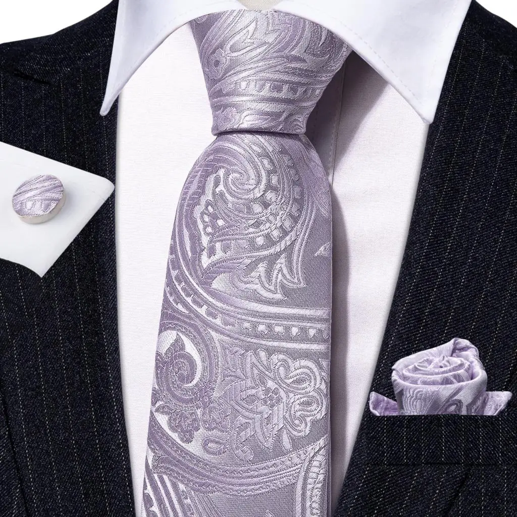 Exquisite Tie For Men Luxury Lilac Purple Paisley Necktie Handkerchief Cufflink Set Groom Wedding Gifts Designer Barry.Wang 6402