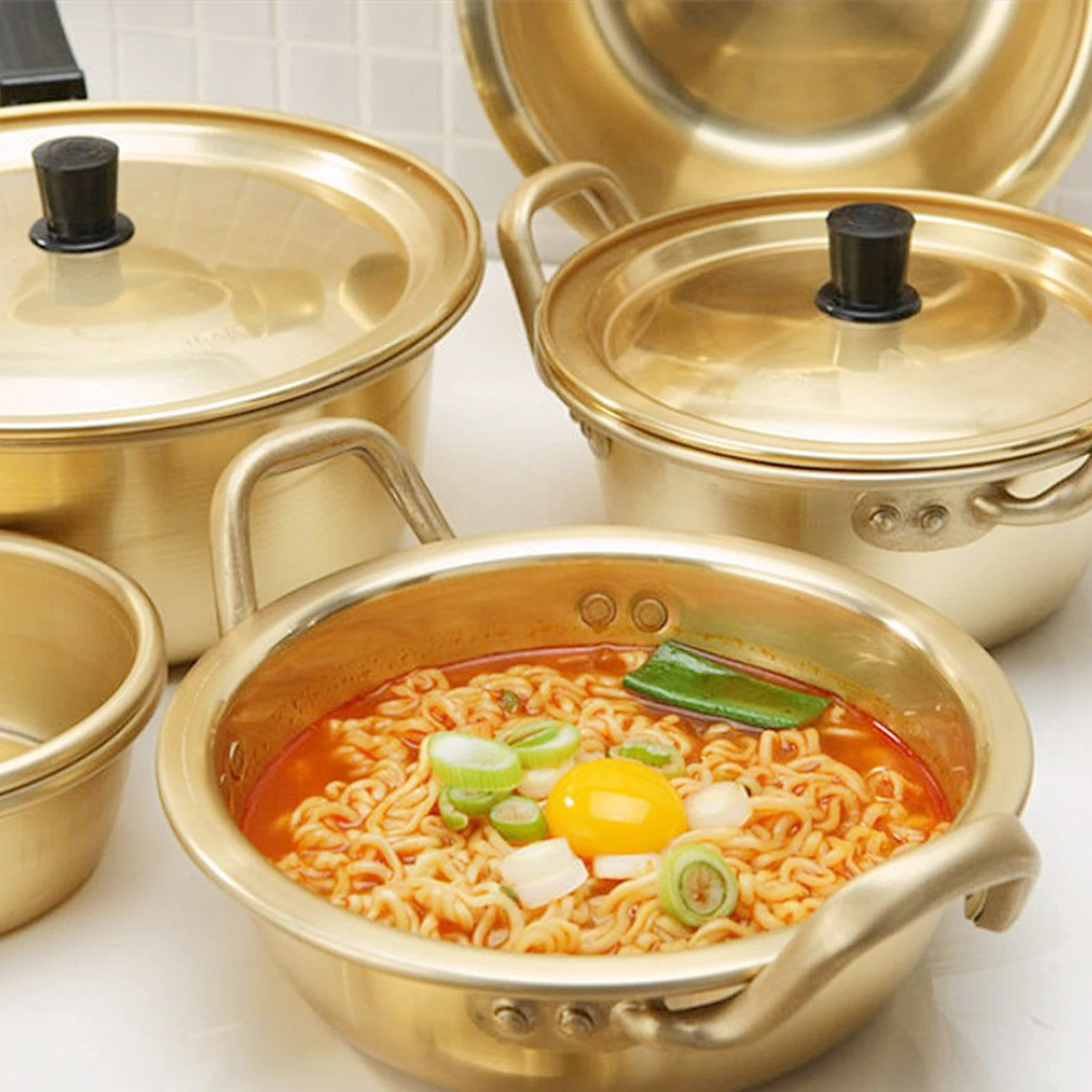 Coreano Ramen Pot Noodles Paomian Pan addensato giallo alluminio pentola zuppa di alluminio pentola calda cucina dorata pentole Wok