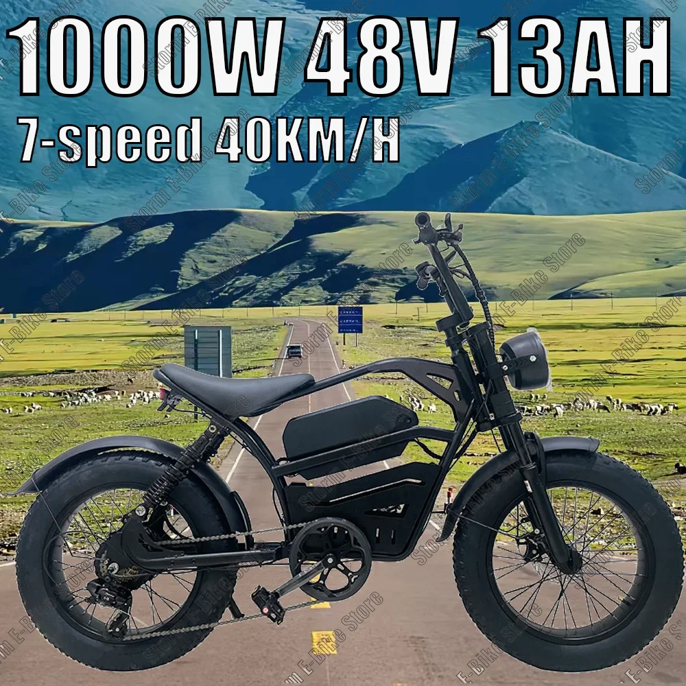 Bicicleta elétrica de montanha off-road, motor 1000w, bateria de lítio 48v13ah, 20*4.0, pneu gordo, emotocicleta de neve, 40 km/h, bicicleta elétrica