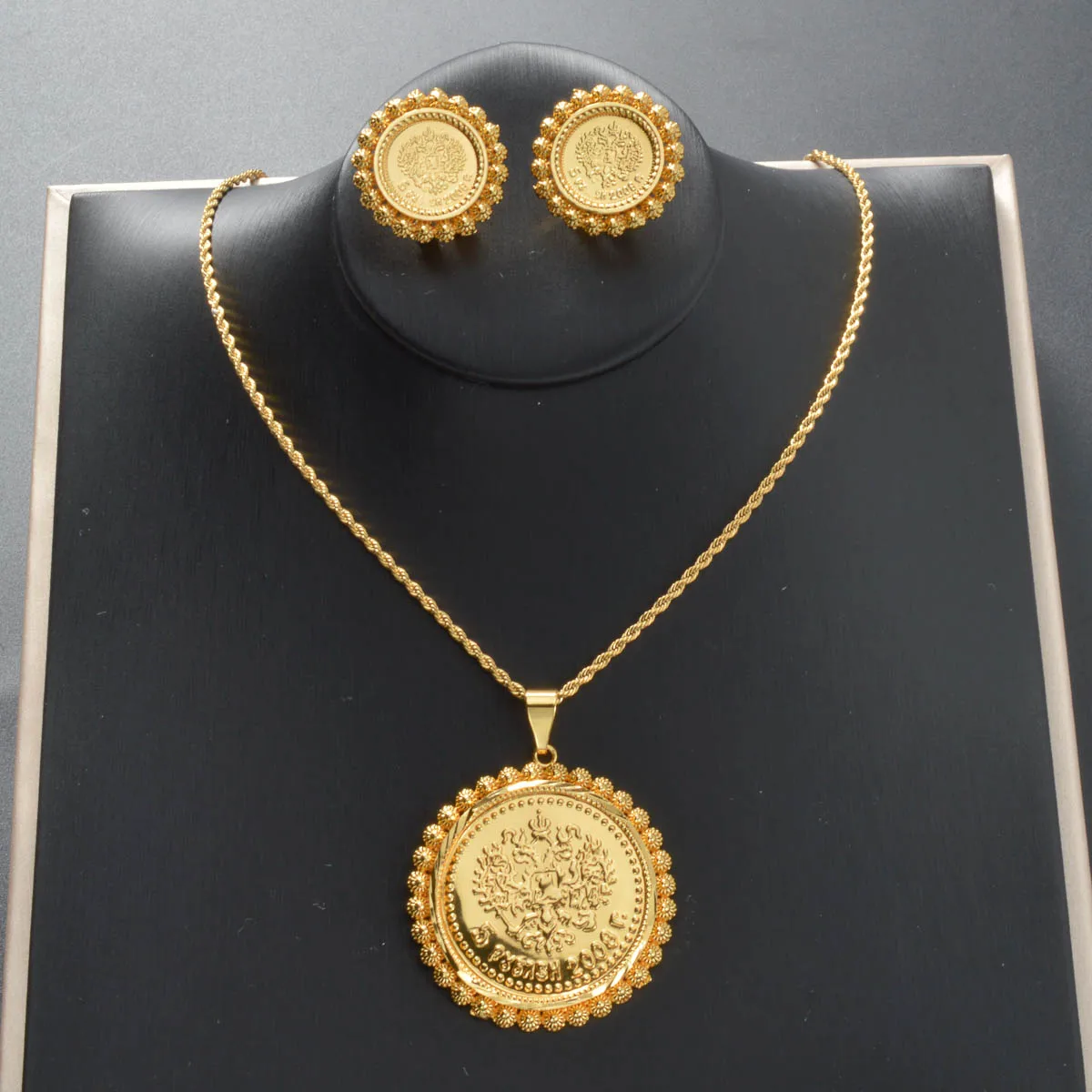 Persian Lion Sun Symbol Gold Plated Necklace Earrings Set Antique Coin Vintage Middle Eastern Style Jewelry Gift for Her Party