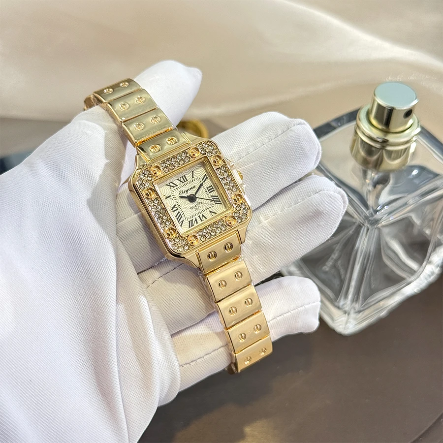 Ladies Quartz Watch Classic Tank Alloy Bezel Diamond Embedded Square Case Roman Numeral Dial Elegant Ladies Wristwatch