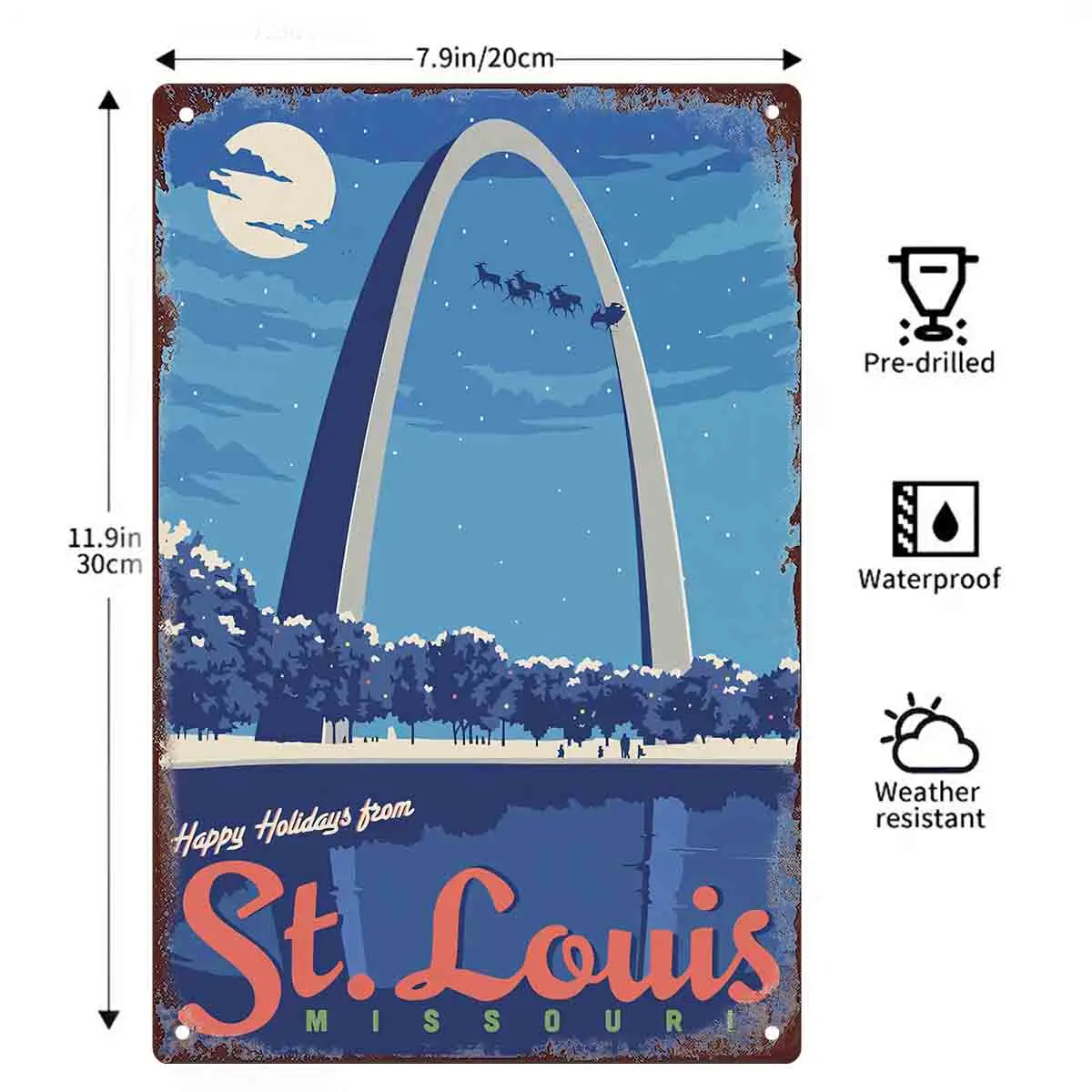 2D FLAT 1pc Happy Holidays From St Louis Missouri Arch Winter Night Metal Wall Sign Decoration for Home Cafe Garage Bedroom