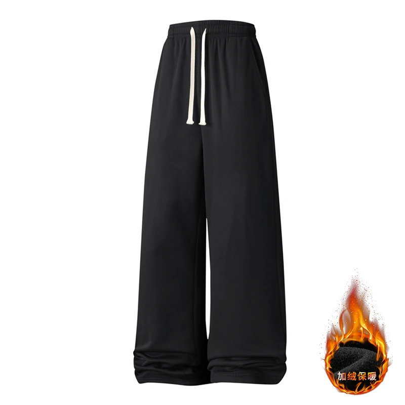 

2025 Autumn Winter Fleece Lining Stretched Waist Drawstring Straight Leg Casual Pants Loose Versatile Wide Leg Pants Men Pants