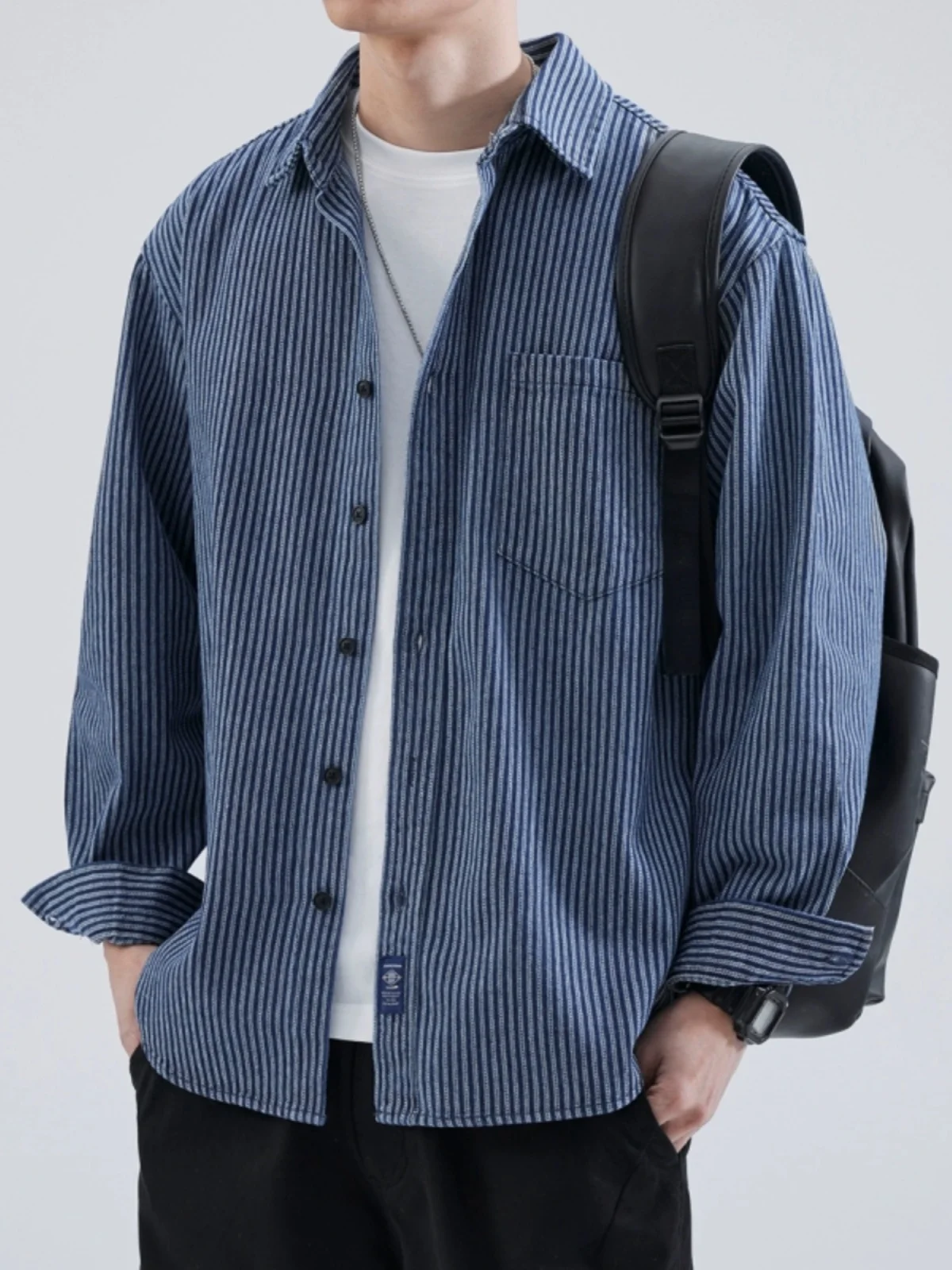 

Blue Striped Long Sve Men's Denim irt Casual Vintage Sle Autumn New Faion Loose Fit Button up Casual Outerwear