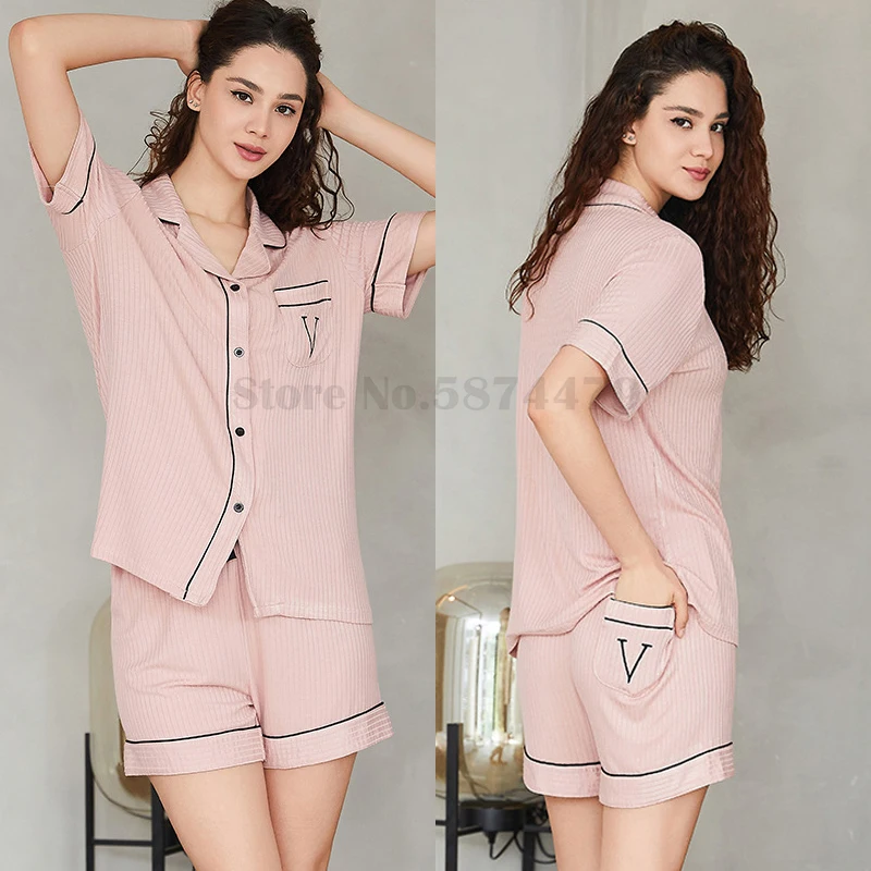 

Simple Solid Color Pajama Set Summer Short Sleeved Shorts Home Clothes Modal Intimate Lingerie Sleepwear Casual Loose Nightwear