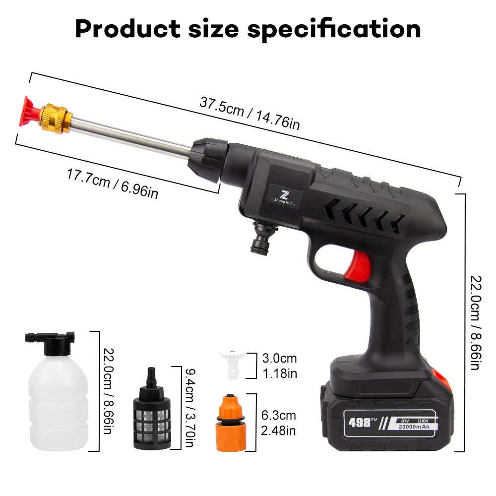 Mesin Cuci Mobil Tekanan Tinggi Nirkabel 20000mAh 60Bar dengan Pistol Air dan Baterai Li-ion, Self Priming, Mampu Mencuci Berulang