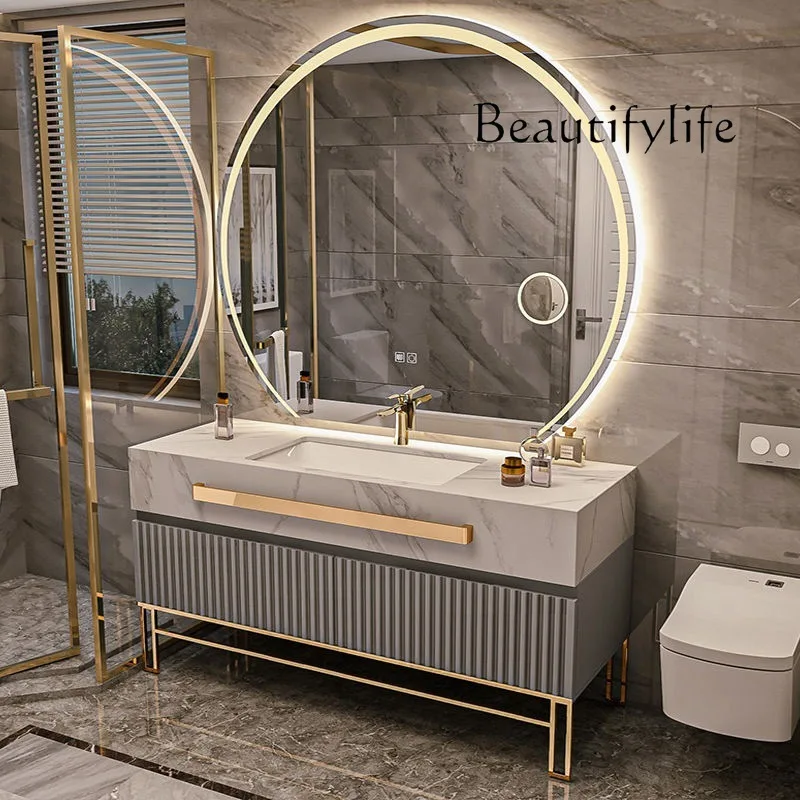 

Aesthetic Double Sink Bathrooms Vanity Luxury Bathroom Cabinet Combination Rock Slab Smart Modern Vestidores Unique Furniture