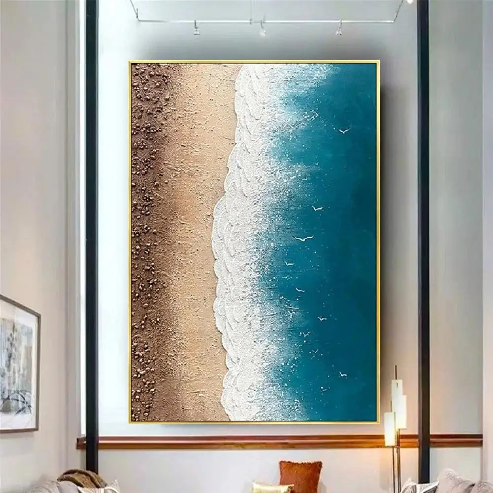 Handmade Blue Ocean Sea Waves Seascape Oil Painting  Abstract Wall Decor Canvas Art for Home and Office