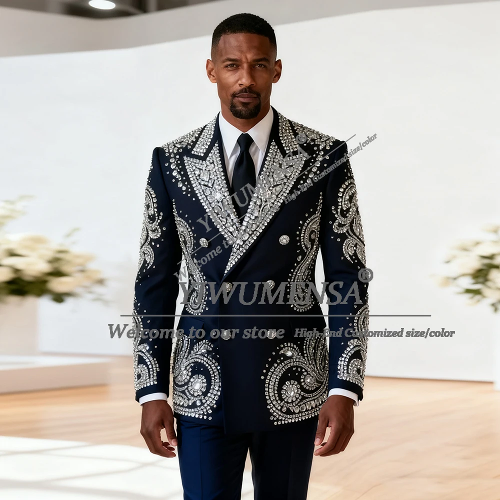 

Блестящие ювелирные камни, мужские костюмы, комплекты из 2 предметов, смокинги для свадебной вечеринки, двубортный пиджак для жениха по индивидуальному заказу, тонкий Ropa Hombre