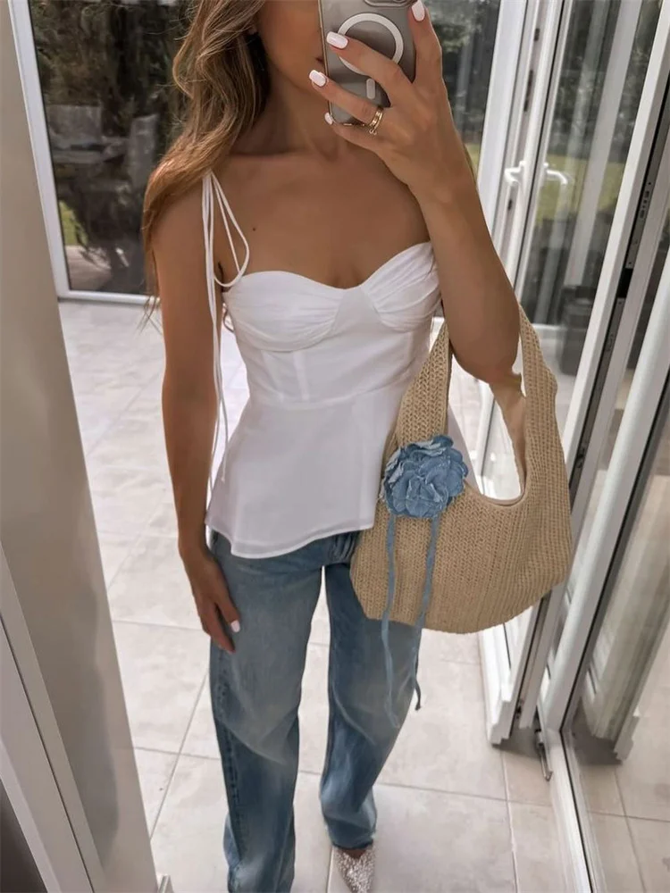 Glänzende weiße Smocked Riemchen Leibchen Frauen sexy ärmellose Rüschen schlanke BH einfarbige Streetwear y2k Damen Tops Leibchen – Detail 13