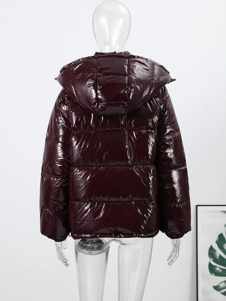 Kurze Glänzende Kapuzenjacke für Damen, Street-Style Stehkragen, Laternenärmel, Lose Passform, Modische Damenjacken, Neue Oberbekleidung – Detail 7