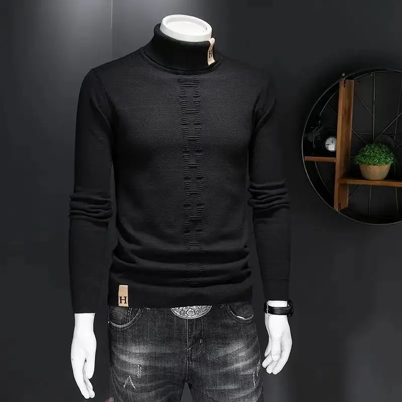 2024 Winter Men's High Neck Thickened Letter Twisted Flower Knitwear Trendy Brand Slim Fit Sweater Bottom Knitwear