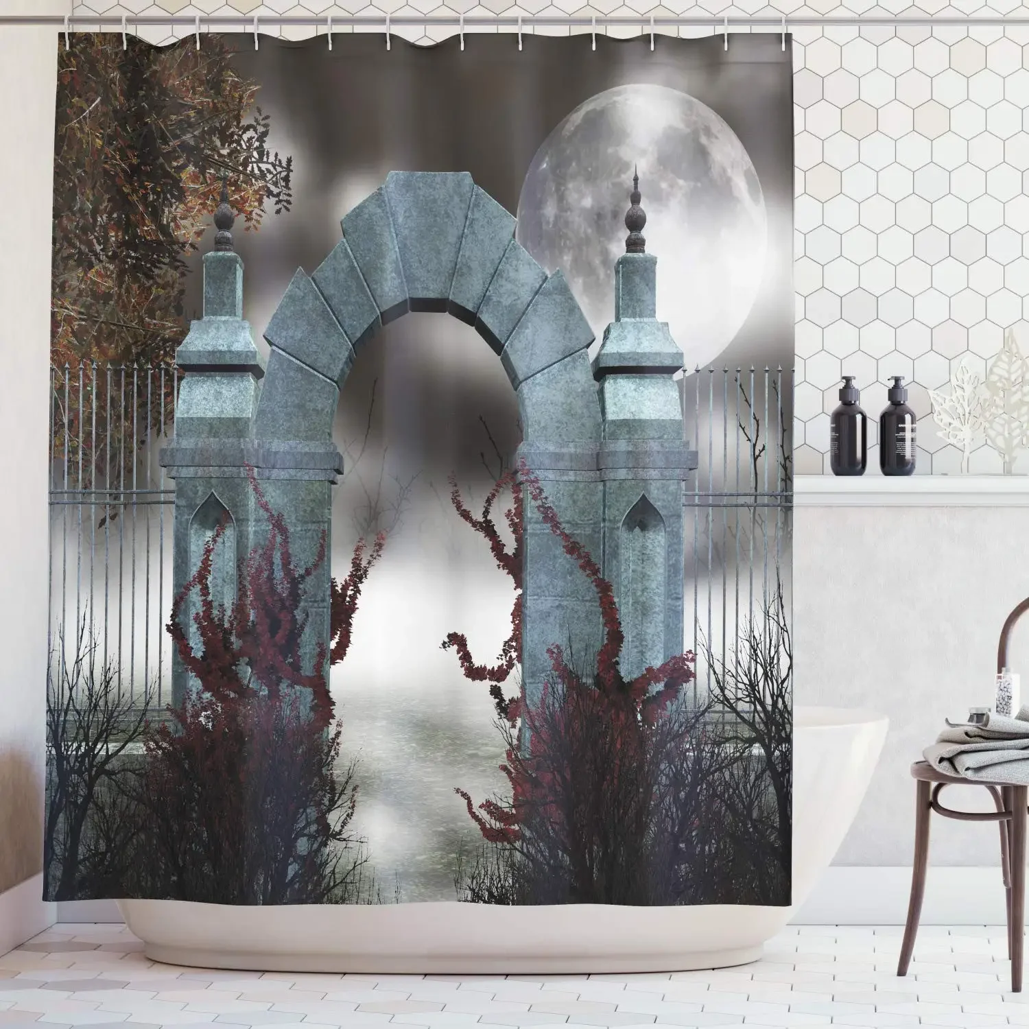 Scary Medieval Middle Age Stone Gate with Fog Full Moon and Ivy Dark Night Shower Curtain